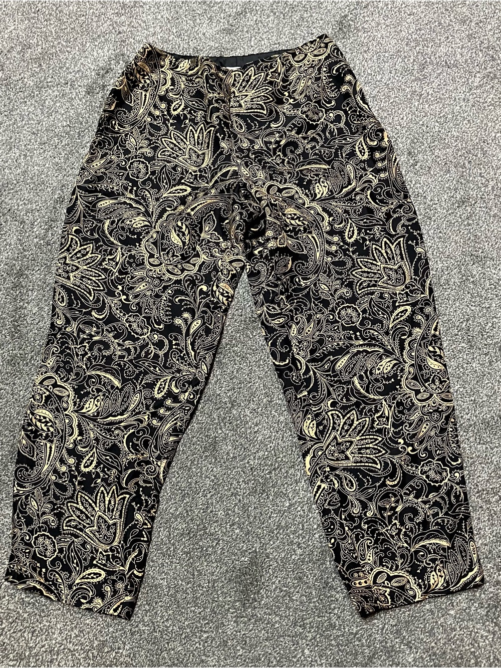 Vintage Emma James Sz 6P 100% Silk Black Pants Gold Paisley Motif